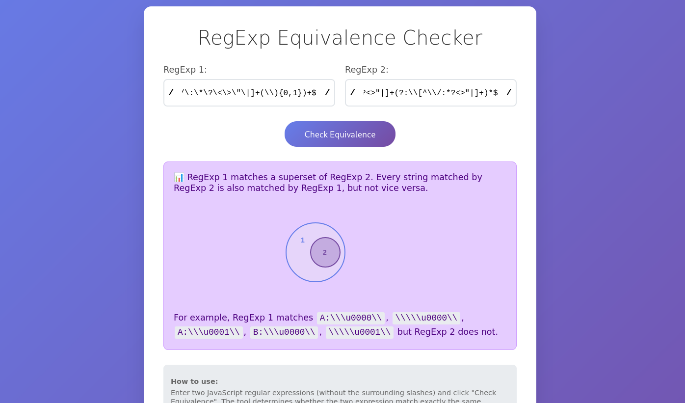 Screenshot RegExp equivalence checker